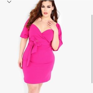 Hot Pink Puff Sleeve Wrap Dress